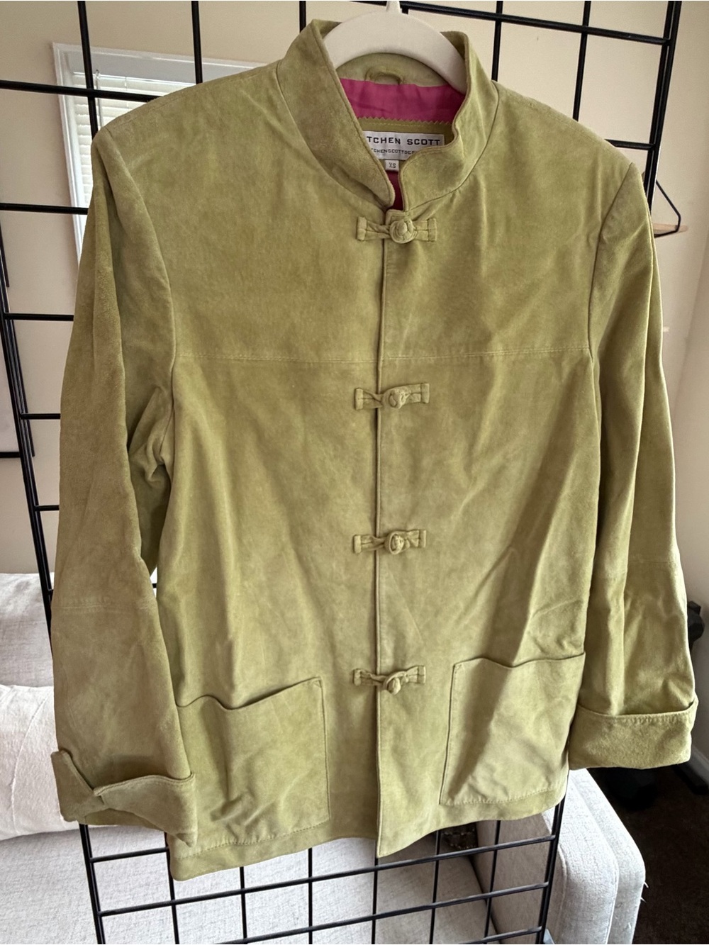 Chic Chartreuse Green Suede Mandarin Collar Jacket | Size XS | Vintage Y2K